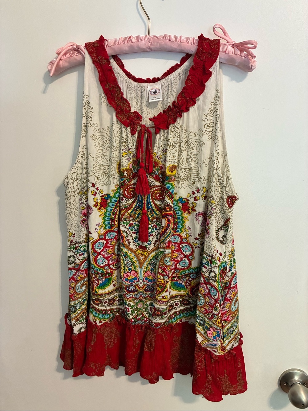 Bila Cream and Red Paisley Ruffle-Trim Tie-Front Camisole